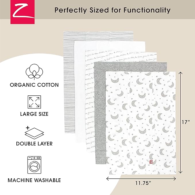Zutto 5-Pack Organic Burp Cloths for Baby Girl & Boy, Large Cotton Burping Cloths for Babies | Absorbent Baby Spit-Up Rags | Gender Neutral Burp Clothes | Newborn Essentials, Love You to The Moon