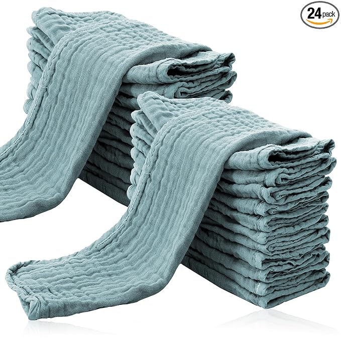 Cute Castle 24 Pack Muslin Burp Cloths for Baby - Ultra-Soft 100% Cotton Baby Washcloths - Large 20'' by 10'' Super Absorbent Milk Spit Up Rags - Burpy Cloths for Unisex, Boy, Girl -Dark Green