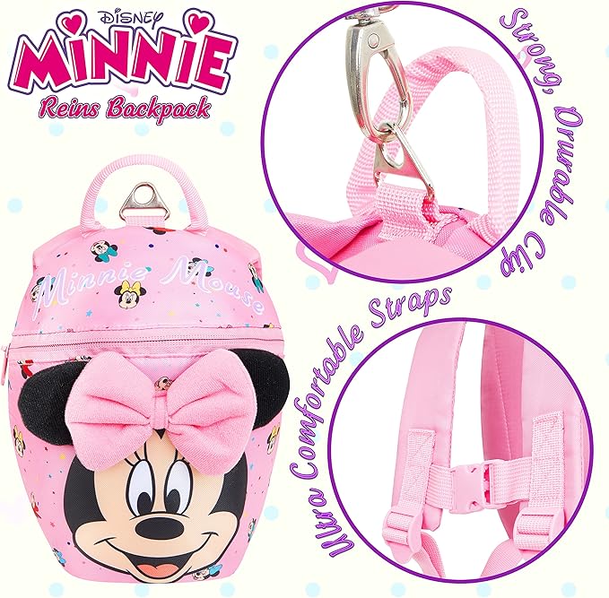 Disney Minnie Mouse Backpack with Toddler Safety Harness for Girls Daycare Bag Backpack with Leash Preschool Outdoor Travel Gifts