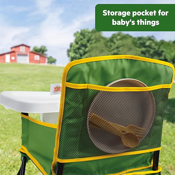 Bright Starts John Deere Pop 'N Dine Portable High Chair, Indoor/Outdoor, Dishwasher Safe Tray, Easy to Fold, Unisex, Green, 6 Months +