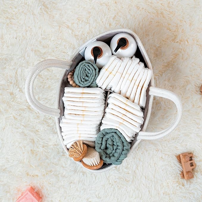 Comfy Cubs Rope Diaper Caddy Organizer 8.5" x 15" x 8" - Large Baby Diaper Basket with 3 Spacious Compartments - Stylish Cotton Baby Caddy Organizer for Diapers, Wipes & Essentials - Sage