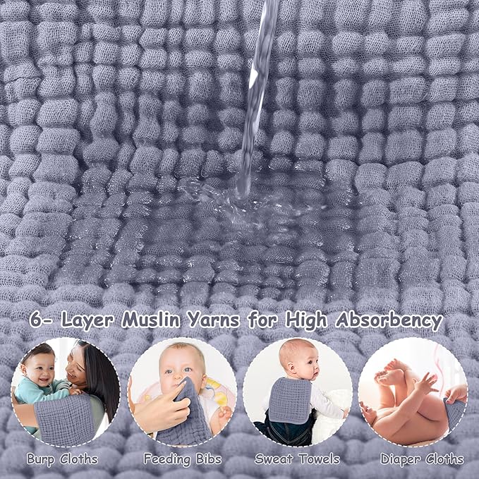 Looxii Muslin Burp Cloths 100% Cotton Muslin Cloths Large 20''x10'' Extra Soft and Absorbent 6 Pack Baby Burping Cloth for Boys and Girls (Fog Blue)