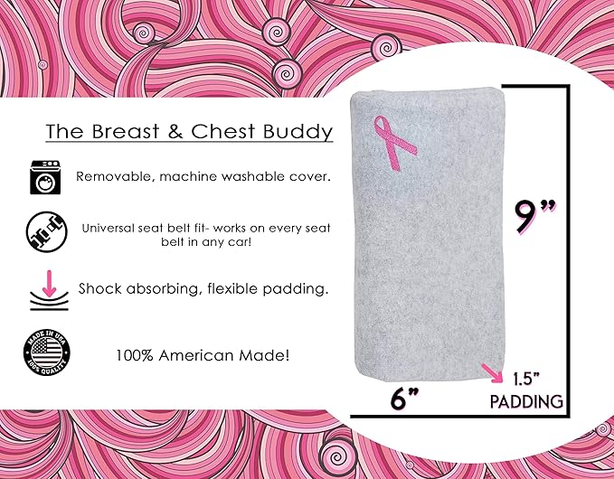 The Breast & Chest Buddy - Seatbelt Cushion for Mastectomy and Breast Reconstruction Sites - Solid Pink with Breast Cancer Ribbon