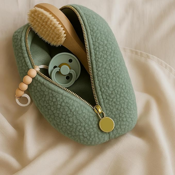 Orelle Bouclé Diaper Caddy Organizer with Matching Pouch & Moon Pendant | Teddy Portable Changing Table Organizer | Sage Green Diaper Caddy | Must-Have Baby Shower Gifts | Sage Green