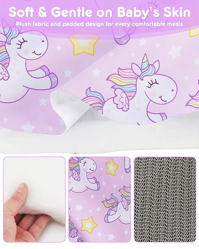 High Chair Cover Portable with 3-Point Harness, Waterproof Baby Seat Cover for Restaurant Travel Home Use, Machine Washable, Fits Wooden Chairs (Purple Unicorn)