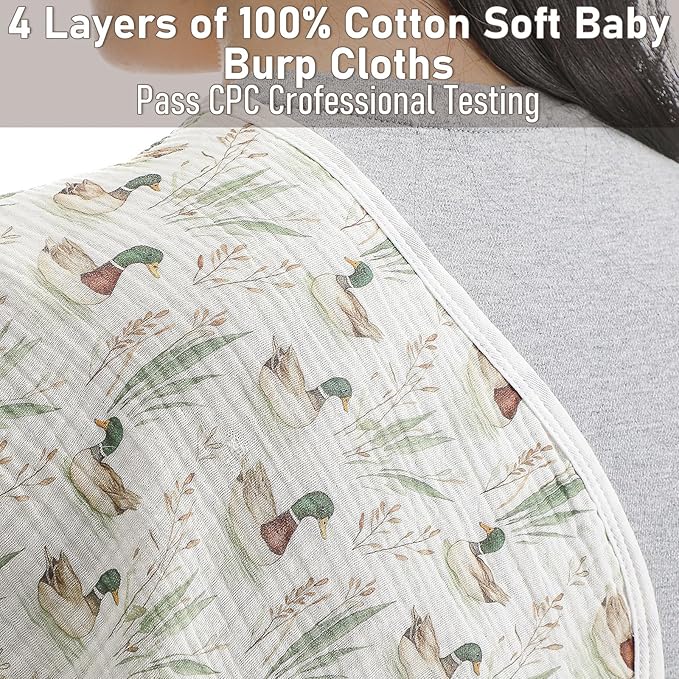 Hahafelt 4 Pcs Mallard Duck Baby Burp Cloths 100% Cotton Absorbent & Soft Burping Cloth Large 22'' x 10" Newborn Towel 2-in-1 Baby Spit up Burping Rags Set for Boys Girls Infant Newborn(Solid Color)