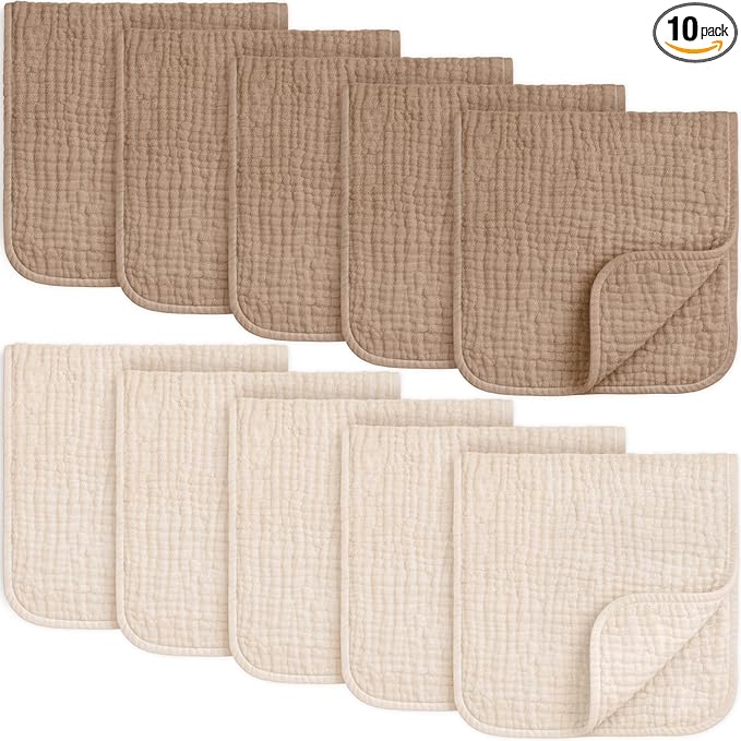 KeaBabies Organic Muslin Burp Cloths Baby Boy, Girl – 10-Pack 100% Cotton Muslin Burping Cloths for Babies, Newborn, 21x10 Large & Absorbent Spit Up Rags, Baby Washcloth, Infant Towels (Ecru)