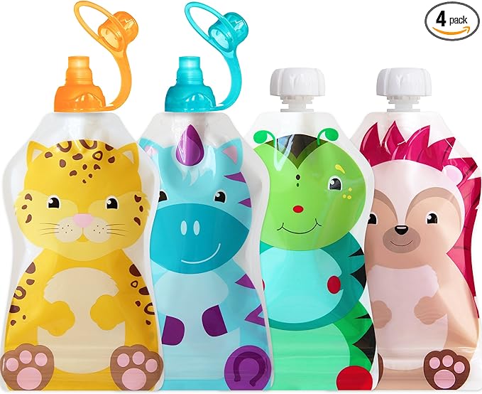 ChooMee SoftSip Food Pouch Tops + Reusable Baby Food Pouches, Fill with Baby food, Applesauce and Purees | Wide Double Zipper Bottom, BPA Free | 4 CT 5oz + 2 SoftSip