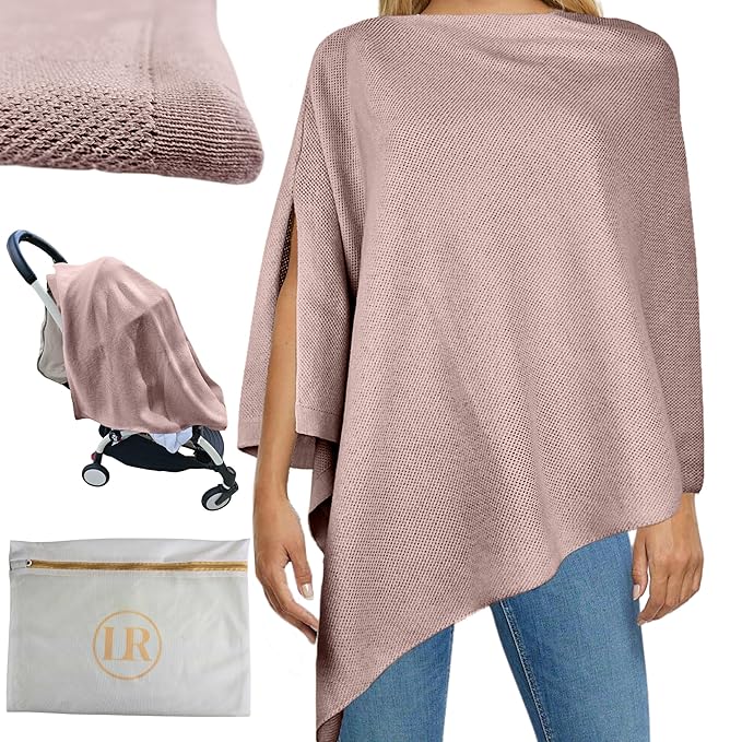 Little Rou Nursing Cover for Breastfeeding, Breathable Organic Cotton & Cashmere Poncho, Privacy Peekaboo Feature, Soft Breast Feeding Shawl for Women – Includes Laundry Bag (Mauve)