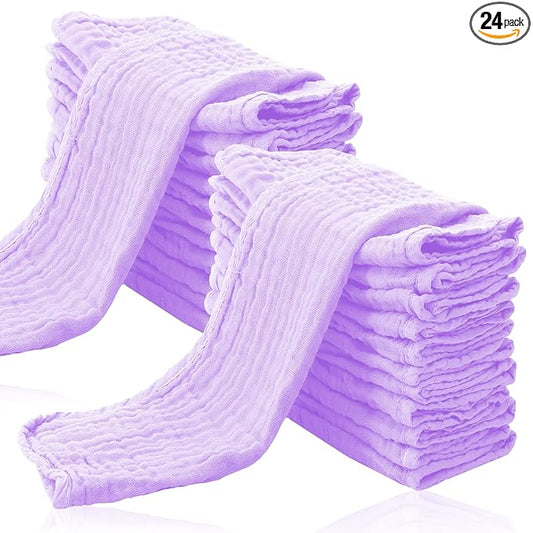 Cute Castle 24 Pack Muslin Burp Cloths for Baby - Ultra-Soft 100% Cotton Baby Washcloths - Large 20'' by 10'' Super Absorbent Milk Spit Up Rags - Burpy Cloths for Unisex, Boy, Girl - Purple