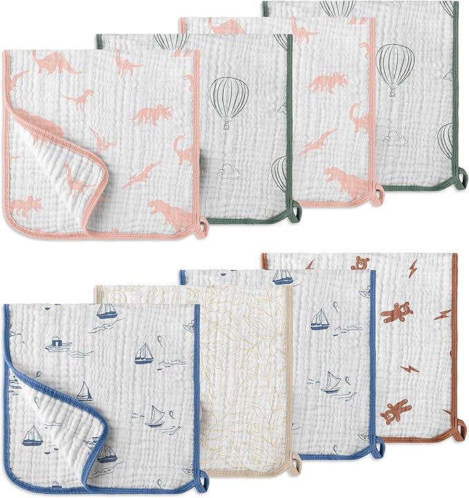 Muslin Burp Cloths, 20"x10"- Pack of 8, 6 Layers Super Soft Absorbent & Breathable 100% Cotton for Baby Drool and Messes, Burp Cloth Baby Boy and Burp Cloths Baby Girl