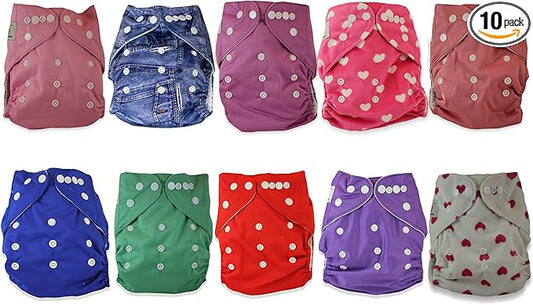 Naughty Baby Cloth Diapers with 3 Layer Microfiber Insert (GIRLS Pack of 10) 6-31 Lbs Leak Proof PUL Pocket Diaper (Styles may vary)