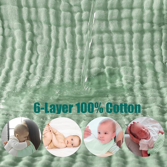 Muslin Burp Cloths 5 Pack Large 20x12 inches Baby Burping Cloths, 6-Layer 100% Cotton for Newborn Boys Girls, Ultra Soft & Absorbent (Blue & Green)