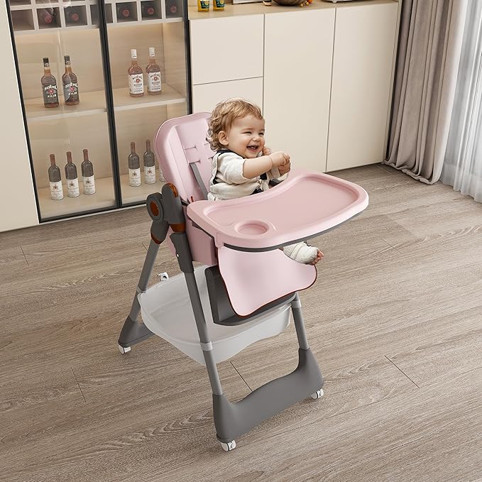 Pink Convertible Height Toddler High Chair with Lockable Wheels, Portable Foldable Baby Feeding Seat with Tray, Adjustable Highchair Easy Clean for Babies and Toddlers Ages 0-6 Years