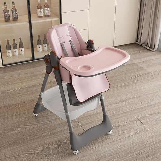 Pink Convertible Height Toddler High Chair with Lockable Wheels, Portable Foldable Baby Feeding Seat with Tray, Adjustable Highchair Easy Clean for Babies and Toddlers Ages 0-6 Years