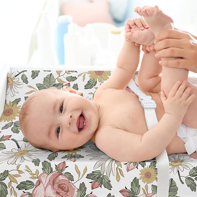 Sweet Jojo Designs Blush Pink Yellow Vintage Floral Boho Girl Baby Changing Pad Cover Sheet Infant Newborn Diaper Change Mat Cover Green White Bohemian Shabby Chic Farmhouse Leaf Rose Leaves Flower
