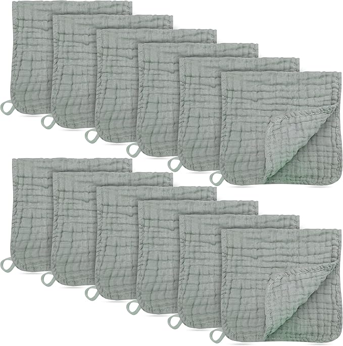 12 Pack Muslin Burp Cloths - Large 20" x 10", Ultra Absorbent 100% Cotton for Baby Drool and Messes - Soft, Gentle Baby Burp Rag for Boys & Girls -Green
