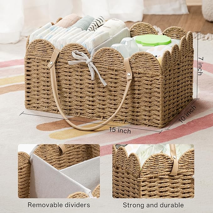 Angelhood Scalloped Paper Rope Diaper Caddy, Woven Floral Baby Diaper Organizer with Dividers for Changing Table, Nursery & Car Portable Baby Gift Basket
