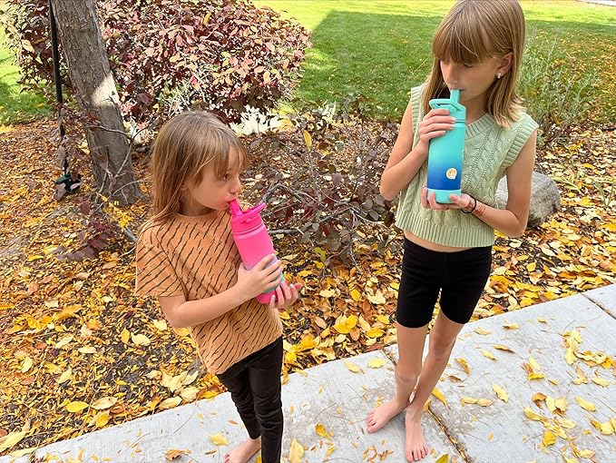mininoo Insulated Water Bottle for School, 16oz Back to School Water Bottle with Straw Lid for Girls, Boys (Purple/Sky)