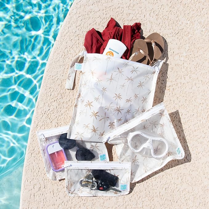 Bumkins - Waterproof Wet Bag & Clear Travel Bags - For Beach, Baby, Travel, Swim Suit, Cloth Diapers, Pump Parts, Pool, Gym, Toiletries - Reusable & Easy to Clean - Palm Trees - 4 Pack