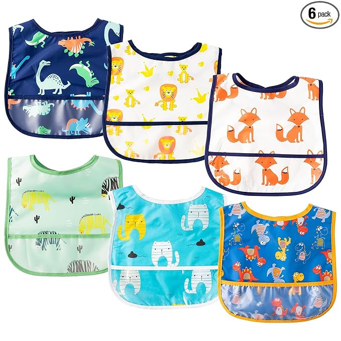 6Pcs Waterproof Toddler Bibs Baby Feeding Bib Set with Crumb Catcher Pocket Infant Adjustable Baby Teething Bib Babies Sleeveless Animals Food Bibs Keepsake Gift for Baby Shower, 6-24 Months