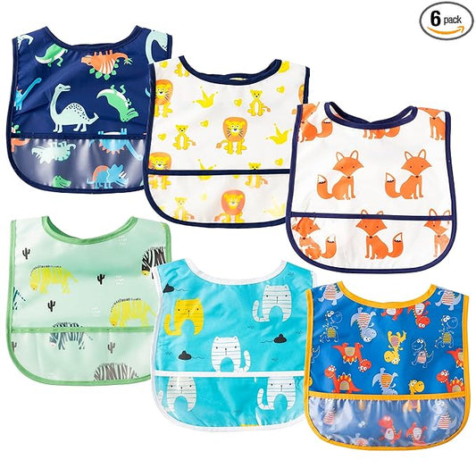 6Pcs Waterproof Toddler Bibs Baby Feeding Bib Set with Crumb Catcher Pocket Infant Adjustable Baby Teething Bib Babies Sleeveless Animals Food Bibs Keepsake Gift for Baby Shower, 6-24 Months
