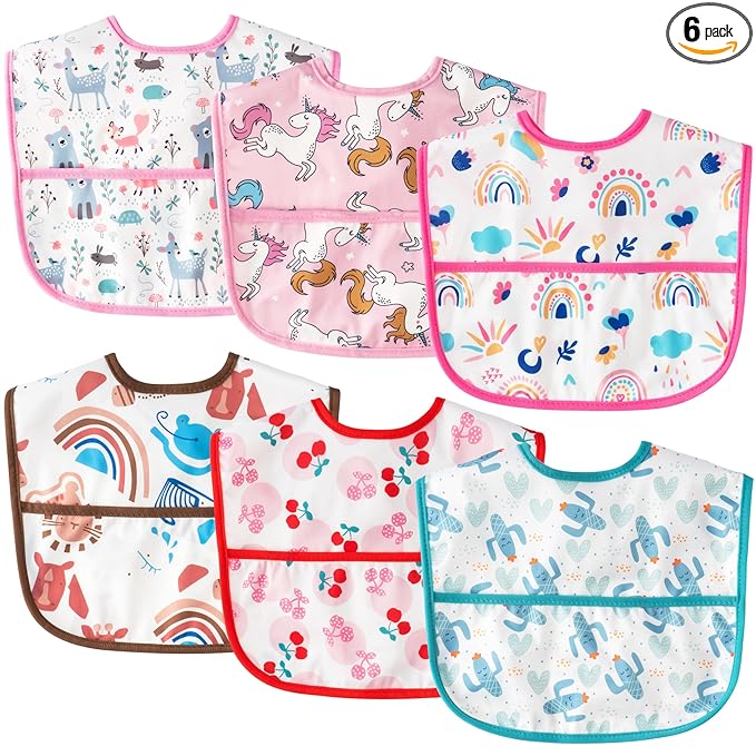 Baby Bibs for Eating - 6Pcs Toddler Waterproof Feeding Bibs with Crumb Catcher Pocket Adjustable Sleeveless Teething Plastic Food Bib Set Infant Keepsake Gift for Baby Shower, 6-24 Months