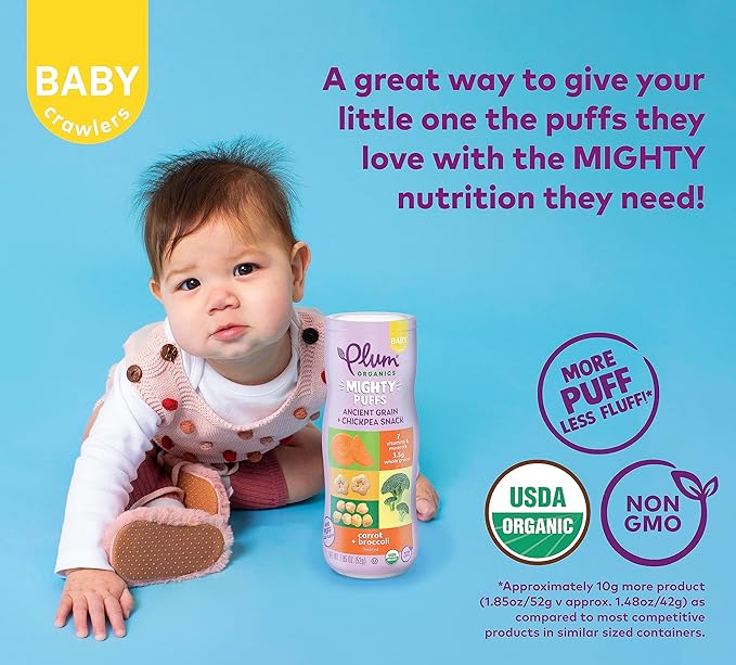 Plum Organics Mighty Puffs Organic Baby Food - Beet and Strawberry - 1.85 oz Canister - Ancient Grains and Chickpea Snacks