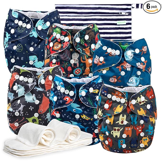 Wegreeco Cloth Diapers 6 Pack with Inserts & Wet Bag, Washable Reusable Diapers for Babies, One Size Adjustable (Monster Style)