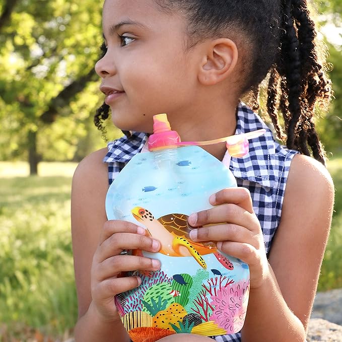 ChooMee Reusable Baby Food Storage Pouches | BPA Free Leakproof Toddler Squeeze Pouch for Smoothies, Purees & Baby Food | Refillable, Double Zipper, Easy Clean, Wide Bottom | 6CT, 8oz SeaLife