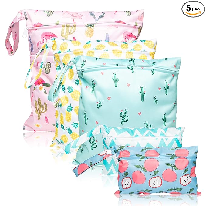 R HORSE 5Pcs Waterproof Reusable Diaper Baby Cloth Wet Dry Bags with 2 Zippered Pockets Summer Travel Beach Pool Bag with Pineapple Flamingo Cactus Pattern(3 Sizes)