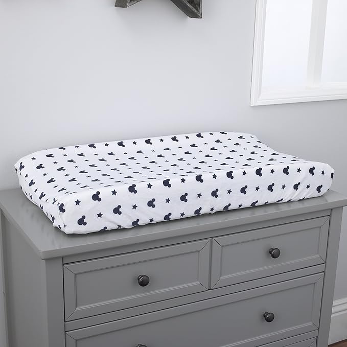 Disney Mickey Mouse Hello World Star/Icon Super Soft Changing Pad Cover, Navy, White