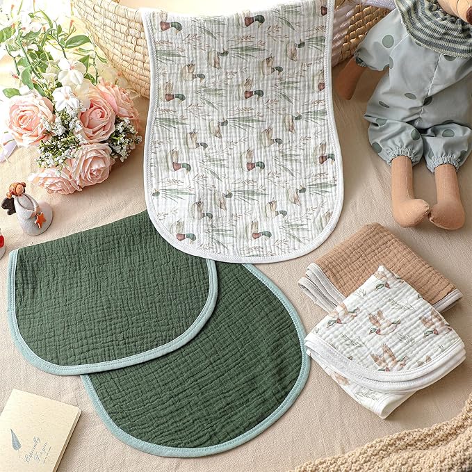 Hahafelt 4 Pcs Mallard Duck Baby Burp Cloths 100% Cotton Absorbent & Soft Burping Cloth Large 22'' x 10" Newborn Towel 2-in-1 Baby Spit up Burping Rags Set for Boys Girls Infant Newborn(Solid Color)