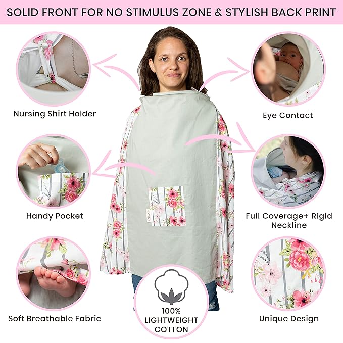 Nursing and Breastfeeding Poncho Patent Pending 360 Full Coverage Wired Nursing Cover and Apron - Breathable, Soft Cotton Carseat, Stroller Canopy Multifunctional Baby Shower Gifts (Pink Floral)