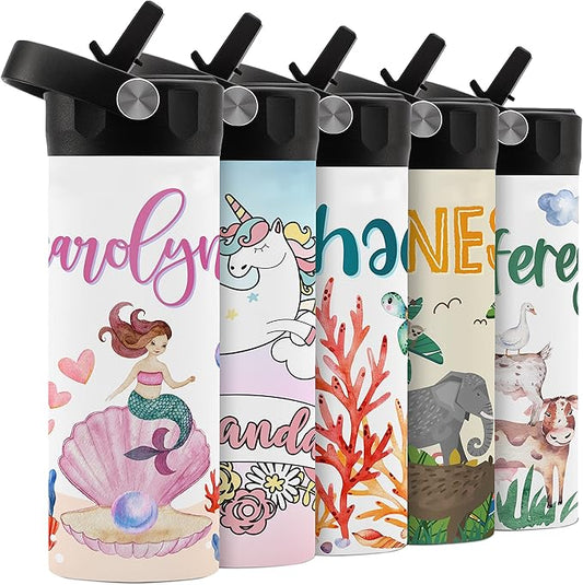 Personalized Kids Water Bottle with Straw Lid - 14 oz - 11 Wraparound Designs, Custom Water Bottle for Children, Back to School Gifts - BPA FREE, Double-Wall Insulated, Birthday Gifts - Mermaid
