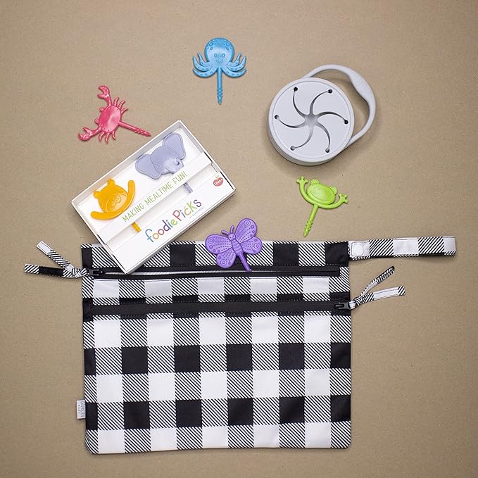 BapronBaby White Buffalo Plaid Wet Dry Bag - Waterproof Two Zipper Pockets - Reusable for Mealtime, Diapers, Stroller, Snacks, Swimsuits - Machine Washable - 11" x 9"