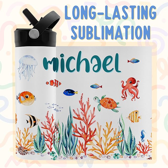Personalized Kids Water Bottle with Straw Lid - 14 oz - 11 Wraparound Designs, Custom Water Bottle for Children, Back to School Gifts - BPA FREE, Double-Wall Insulated, Birthday Gifts - Underwater