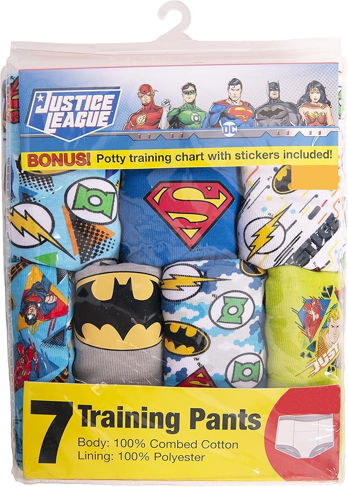 DC Comics 3PK, 7PK and 10PK Potty Training Pants with Superman, Batman, Wonder Woman and More with Stickers Sizes 2T, 3T, and 4T