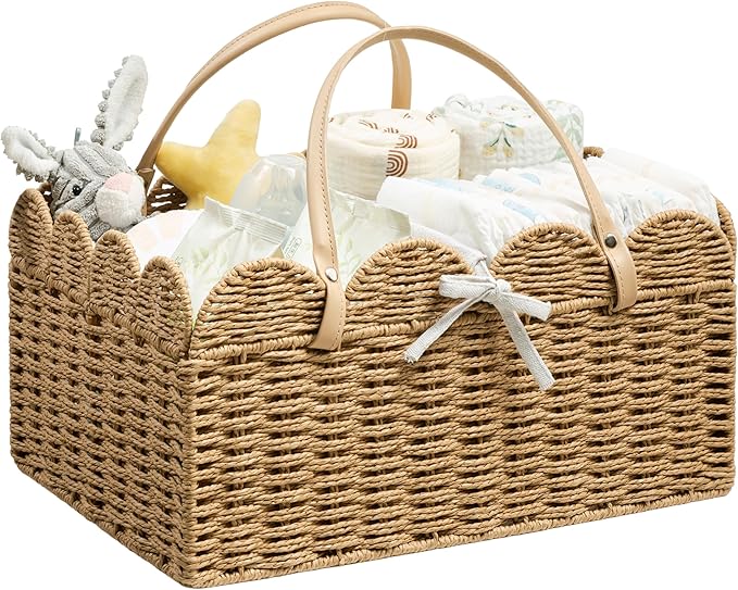Angelhood Scalloped Paper Rope Diaper Caddy, Woven Floral Baby Diaper Organizer with Dividers for Changing Table, Nursery & Car Portable Baby Gift Basket
