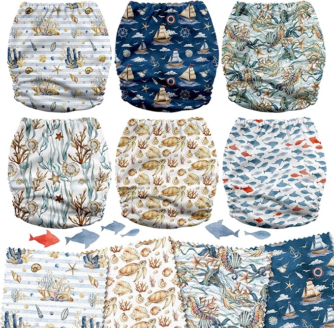 Mama Koala 3.0 Cloth Diapers for Babies, 6 Pack One Size Washable and Reusable Pocket Diapers for Newborns and Toddlers (Underwater Exploration)