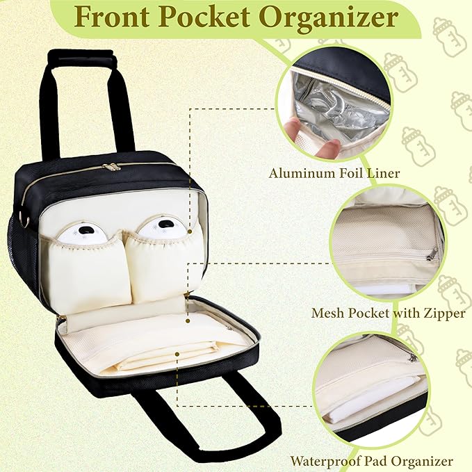 Breastmilk Cooler Bag with Ice Pack, Wearable Breast Pump Storage Bag, Insulated Bottle Travel Bag Compatible with Momcozy/Elvie/Willow, Fits Baby Bottles up to 9 Ounce with Shoulder Strap Black