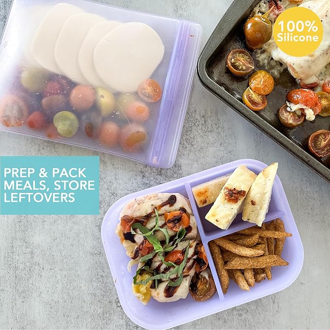 Bumkins - Silicone Bento Box & Reusable Snack Bag Set - 3 Sections & Leak-Proof Lid - Food Safe - 2 Zip Bags - Washable, Microwave, Freezer & Dishwasher Safe - 3 pack - Blue