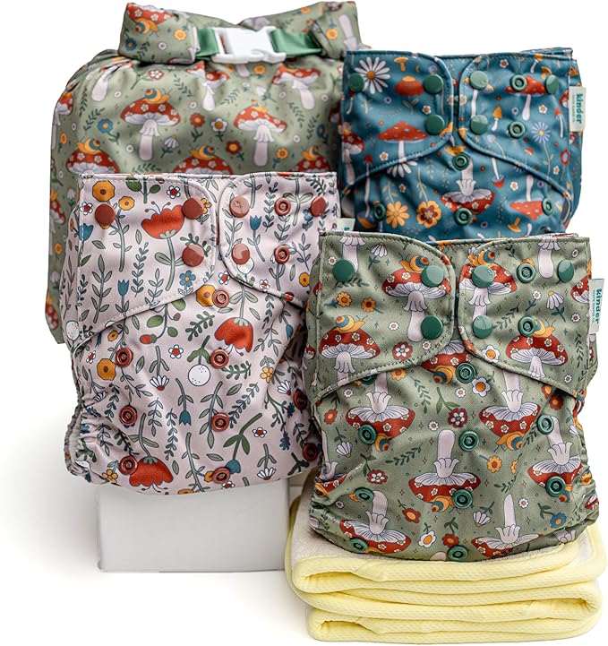 Kinder Cloth Diapers Reusable Baby Diapers Pocket Style Athletic Wicking Jersey, Bamboo Viscose Inserts, Wet Bag, Newborn to Potty Training 7-60lbs, One Size (Boho Mushrooms, 3 Pack, with Inserts)