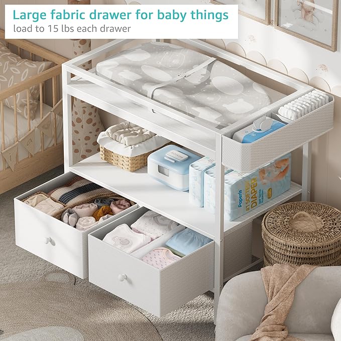 BOLUO Baby Changing Table with Storage, White Baby Dresser with Changing Table Top, Diaper Changing Station with 2 Fabric Drawers for Nursery Modern