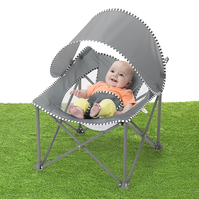 Bright Starts Pop 'N Chill Baby Chair Travel Seat, Indoor/Outdoor Use, Infant Seat with UPF 50+ Canopy, Grey, Ages 0-6 Months
