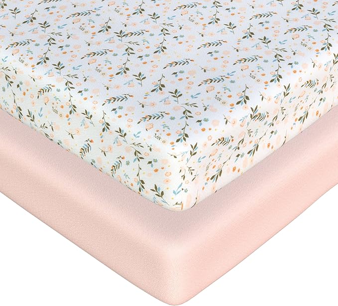 2 Pack Mini Crib Sheets - Jersey Cotton Pack and Play Sheets Fitted, 27" x 39", Fits Graco Pack n Play Mattress, Soft Playpen Sheets Pack n Play, Oeko-Tex, (Floral Pink Pack and Play Mattress Sheets)