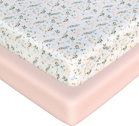 2 Pack Mini Crib Sheets - Jersey Cotton Pack and Play Sheets Fitted, 27" x 39", Fits Graco Pack n Play Mattress, Soft Playpen Sheets Pack n Play, Oeko-Tex, (Floral Pink Pack and Play Mattress Sheets)