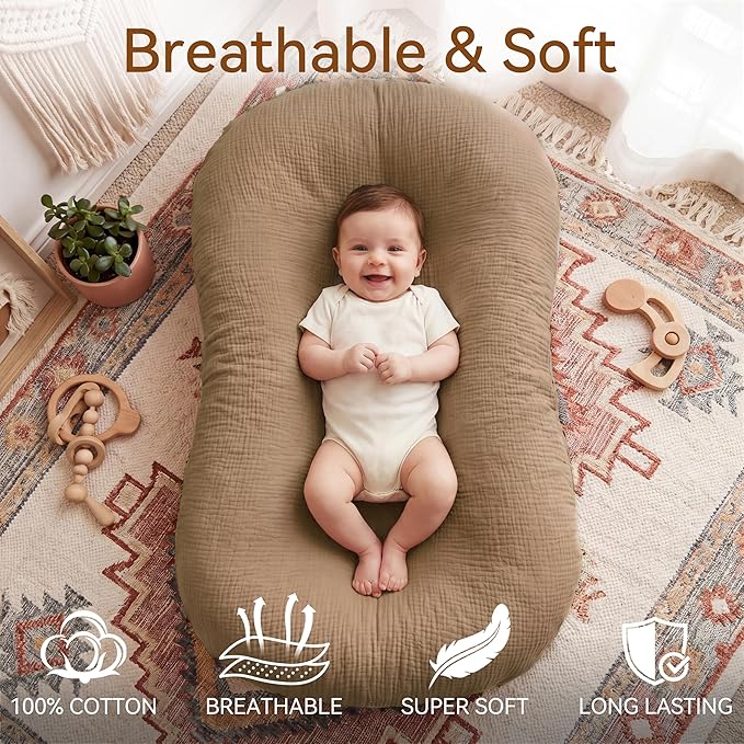 Muslin Baby Lounger Cover 1 Pack, Cotton Soft Breathable Infant Nest Slipcover, Envelope Closure, Compatible with Snuggle Me Loungers, Machine Washable, Cover Only, for Boys Girls(Brown)