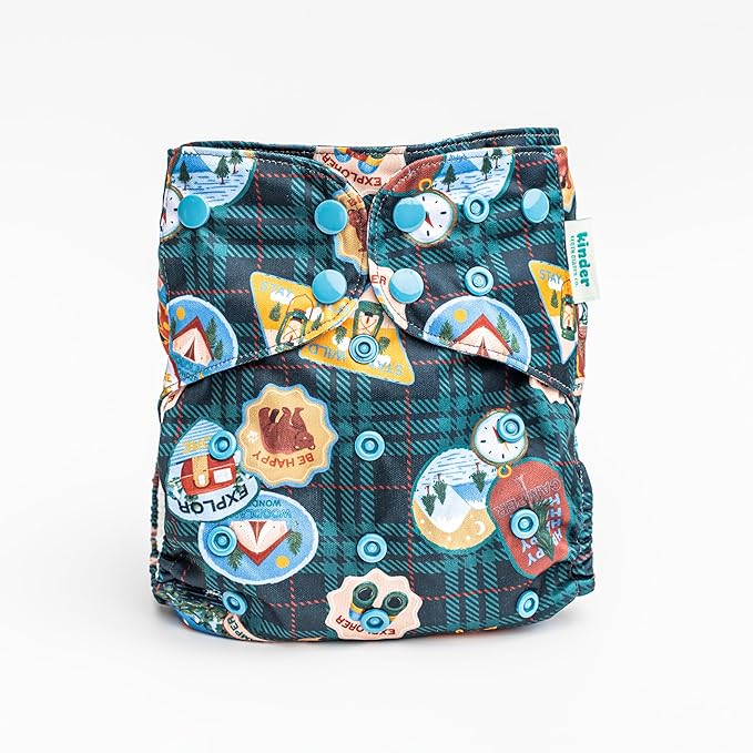 Kinder Cloth Diapers Reusable Baby Diapers Pocket Style Athletic Wicking Jersey, Bamboo Viscose Inserts, Wet Bag, Newborn to Potty Training 7-60lbs, One Size (Big Adventure, 5 Pack, with Inserts)