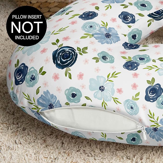 Sweet Jojo Designs Watercolor Floral Nursing Pillow Cover Breastfeeding Pillowcase for Newborn Infant Bottle Breast Feeding Pillow NOT Included Navy Blue Pink Boho Shabby Chic Rose Flower Farmhouse